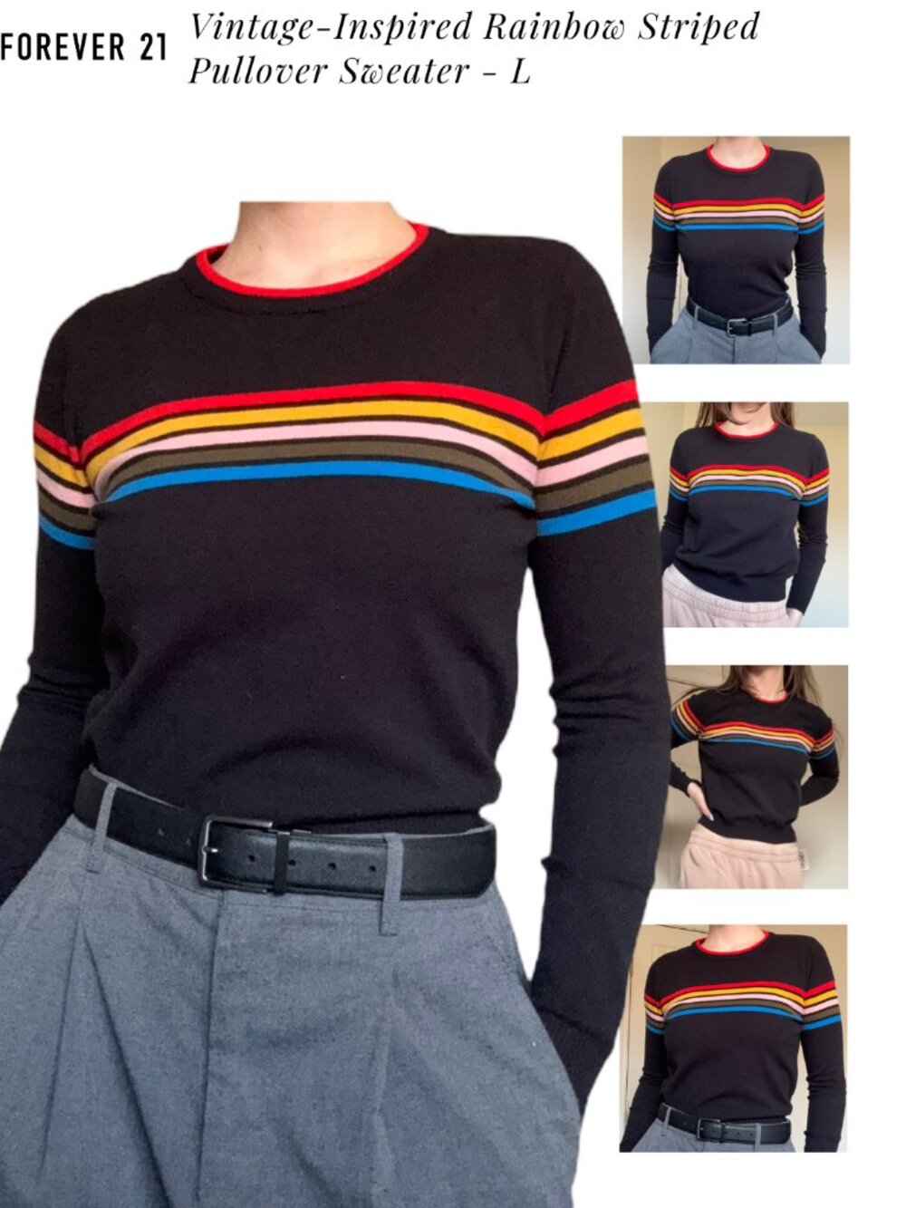 Forever 21 Vintage-Inspired Rainbow Striped Pullover Sweater - L